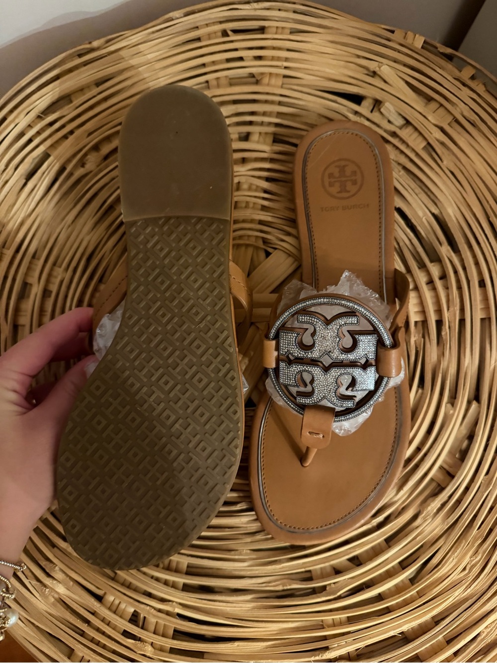Tory Burch Cognac Leather Thong Sandals with Crystal Logo Medallion - Picture 3 of 3